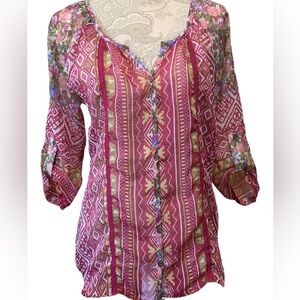 WET SEAL CUTE WOMANS SHEER BUTTON BOHO/PEASANT BLOUSE LIGHTWEIGHT SIZE M